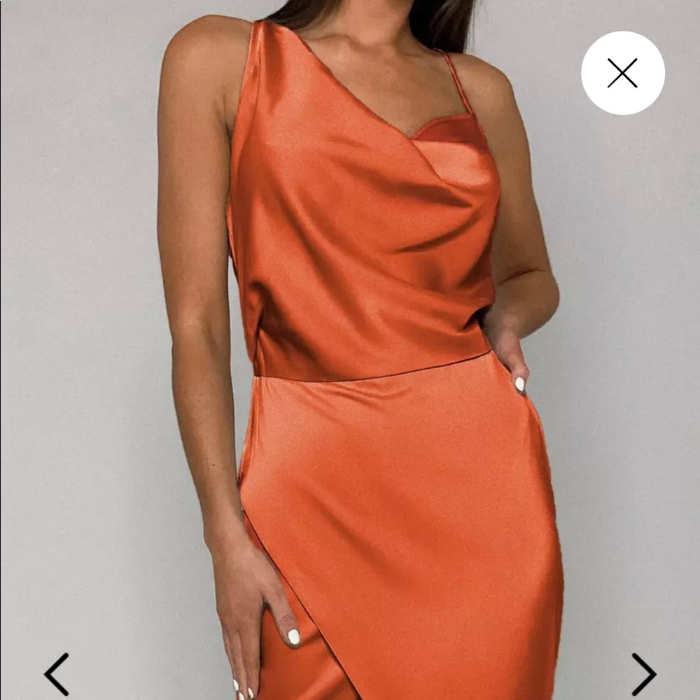 Rust Satin Drape Midi Dress